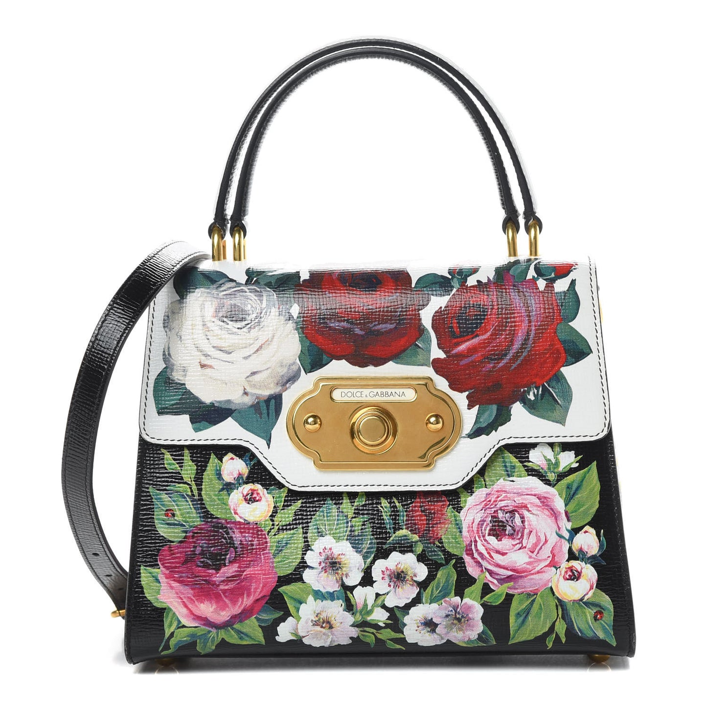 Grained Calfskin Floral Printed Medium Welcome Satchel Black White
