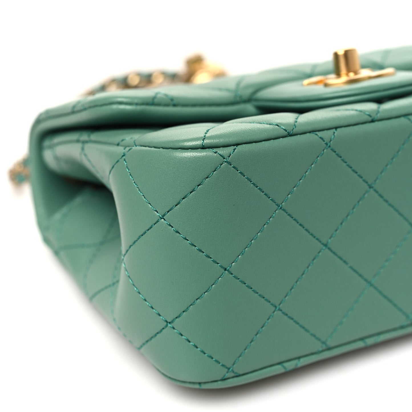 Lambskin Quilted Mini Pearl Crush Flap Green