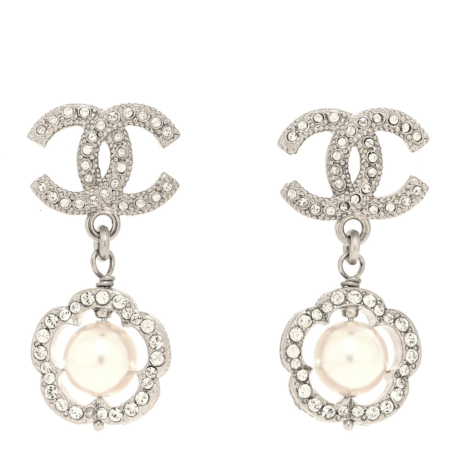 Chanel Crystal Pearl Camellia CC Coco Flapper Drop Earrings Silver 1 of 5
