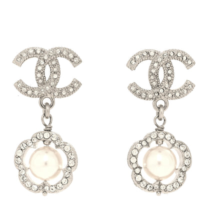 Chanel Crystal Pearl Camellia CC Coco Flapper Drop Earrings Silver 1 of 5