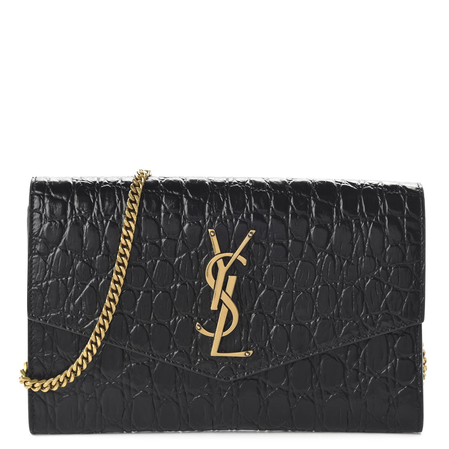 Calfskin Crocodile Embossed Monogram Uptown Chain Wallet Black