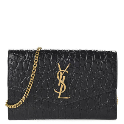 Saint Laurent Calfskin Crocodile Embossed Monogram Uptown Chain Wallet Black 1 of 10