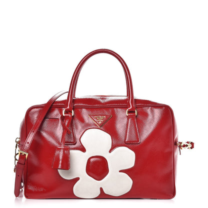 Prada Saffiano Vernice Floral Bauletto Bag Rosso Bianco 1 of 12