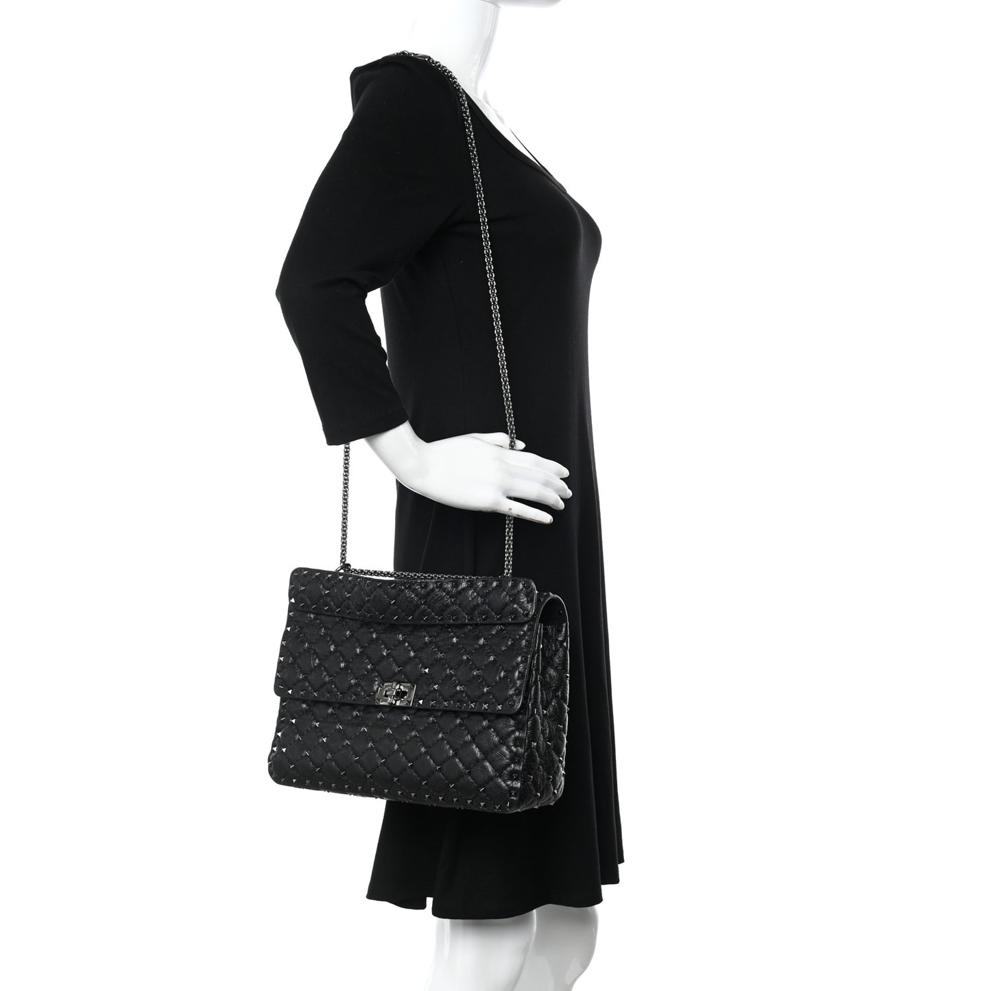 Craquele Nappa Large Rockstud Spike Shoulder Bag Black