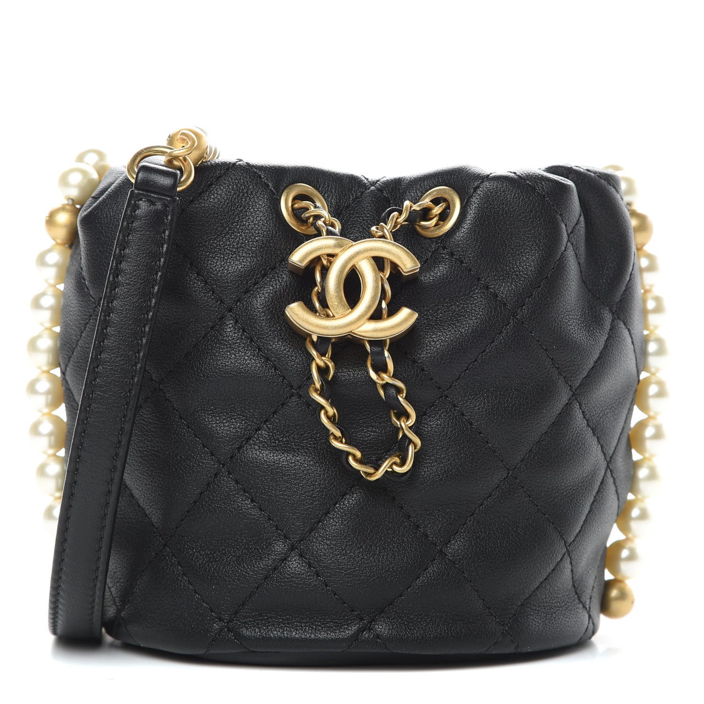 Calfskin Quilted Pearl Mini About Pearls Drawstring Bucket Bag Black