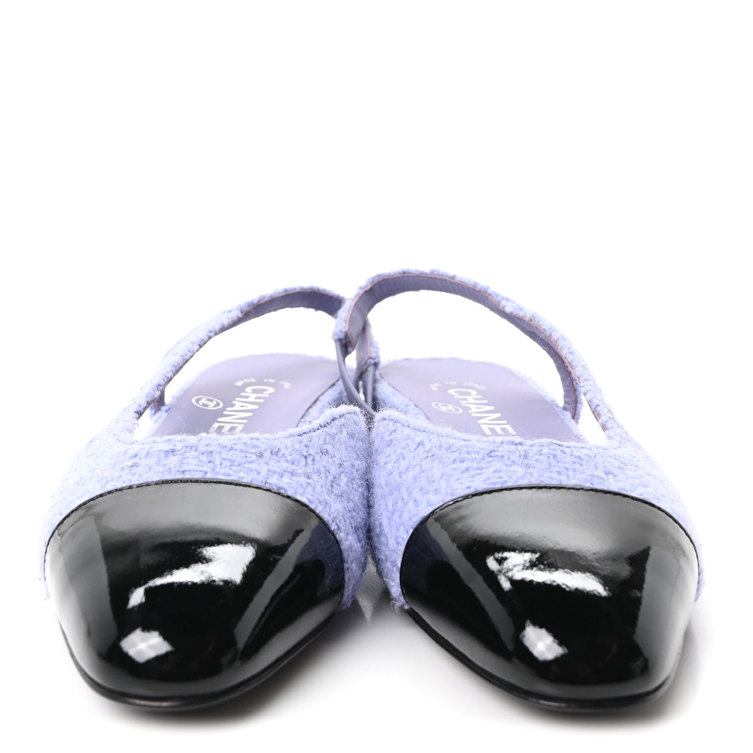 Chanel Iridescent Wool Tweed Patent Cap Toe CC Slingback Flats 36 Light Purple Silver Black 3 of 9