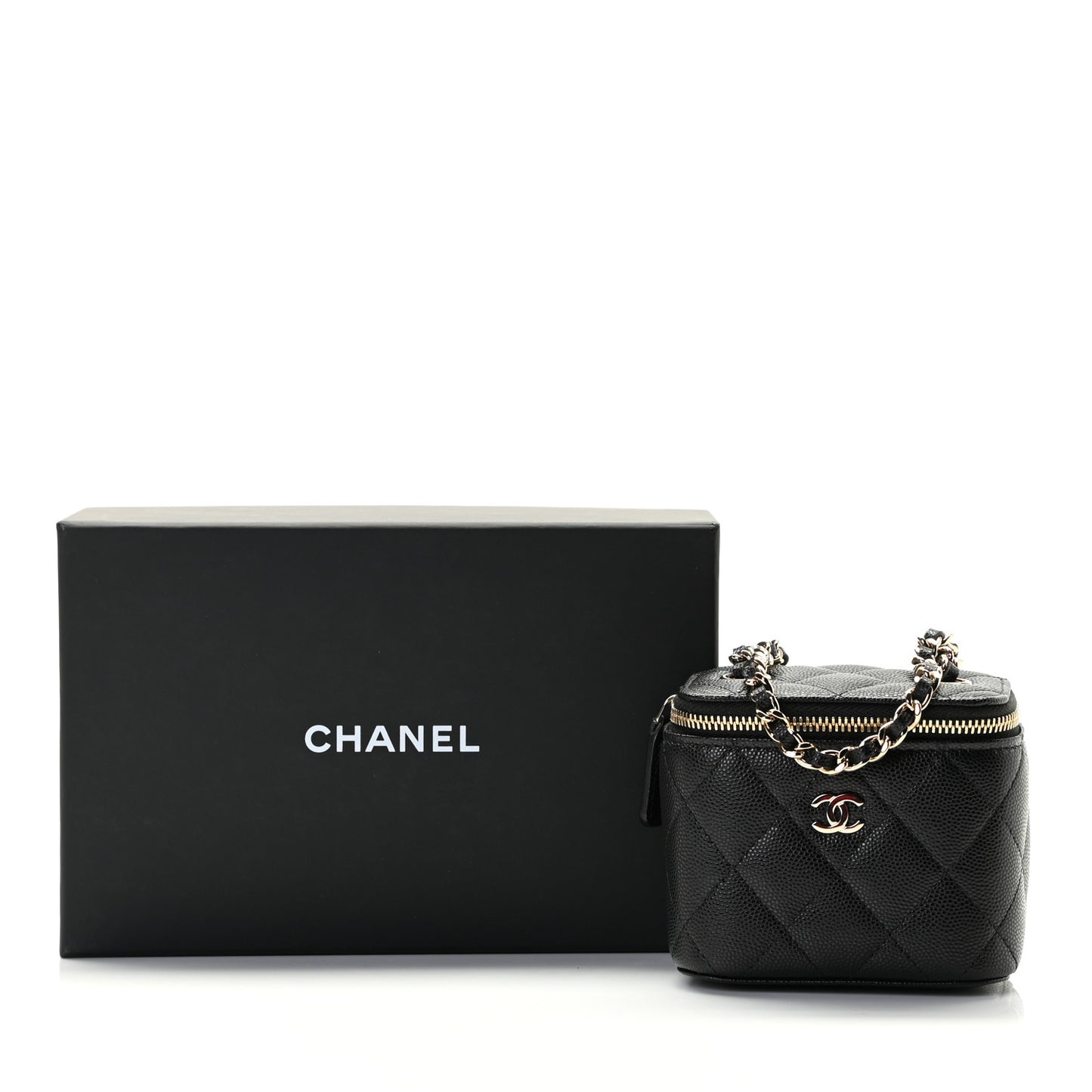Caviar Quilted Mini Vanity Case With Chain Black
