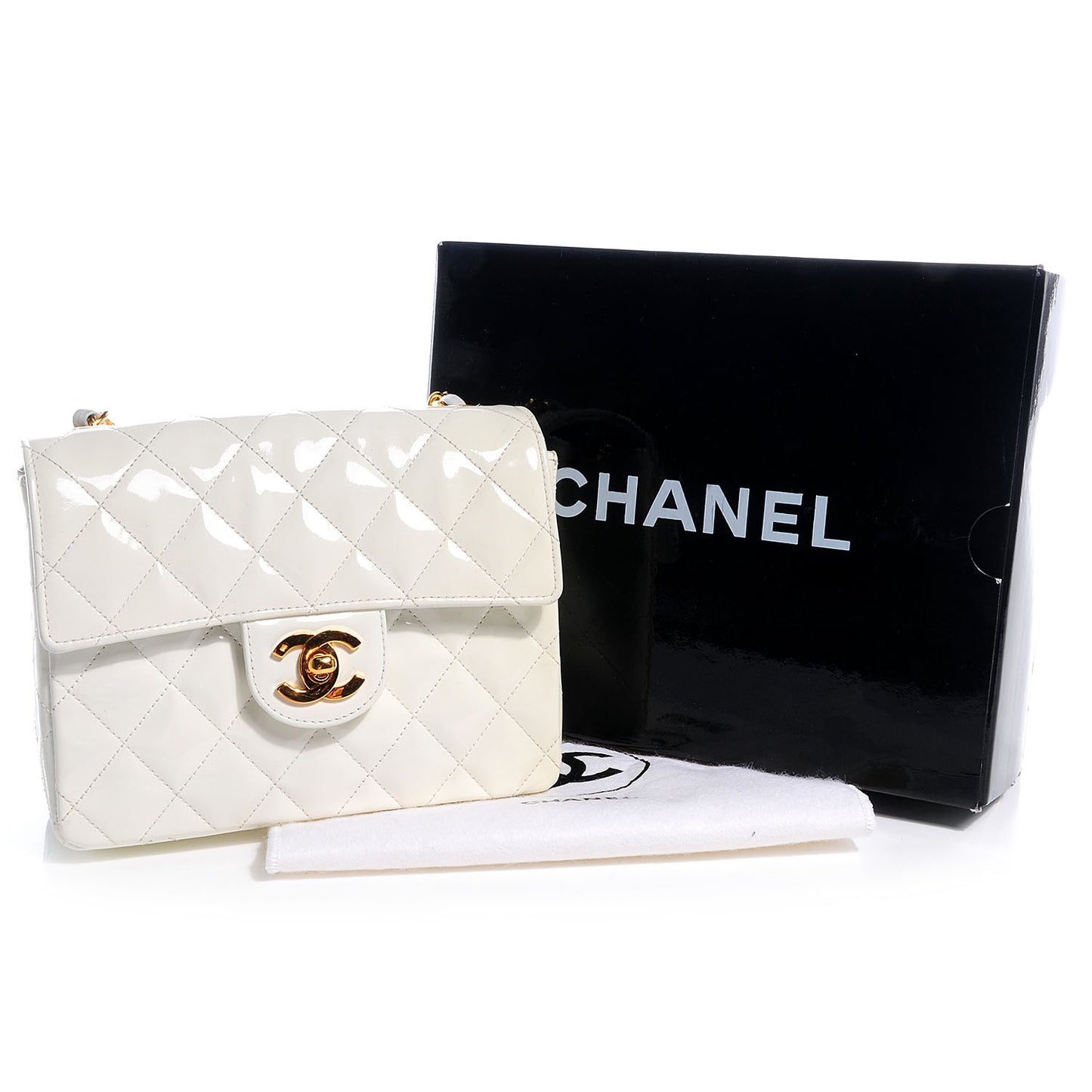Patent Quilted Mini Square Flap White
