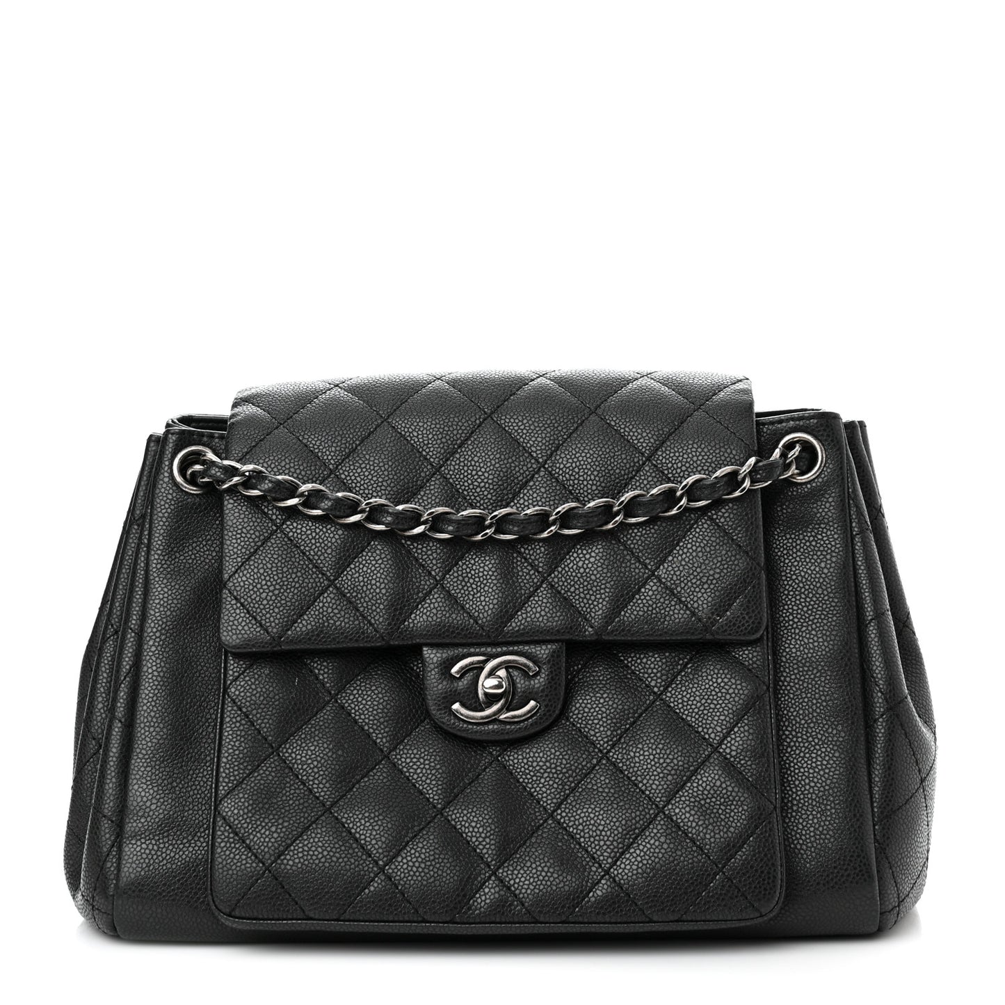 Caviar Quilted CC Accordion Shopping Bag Black
