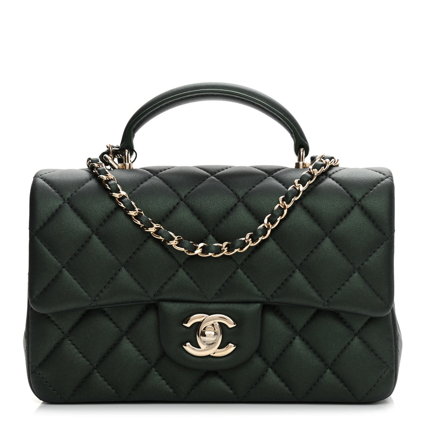Iridescent Lambskin Quilted Mini Top Handle Rectangular Flap Dark Green