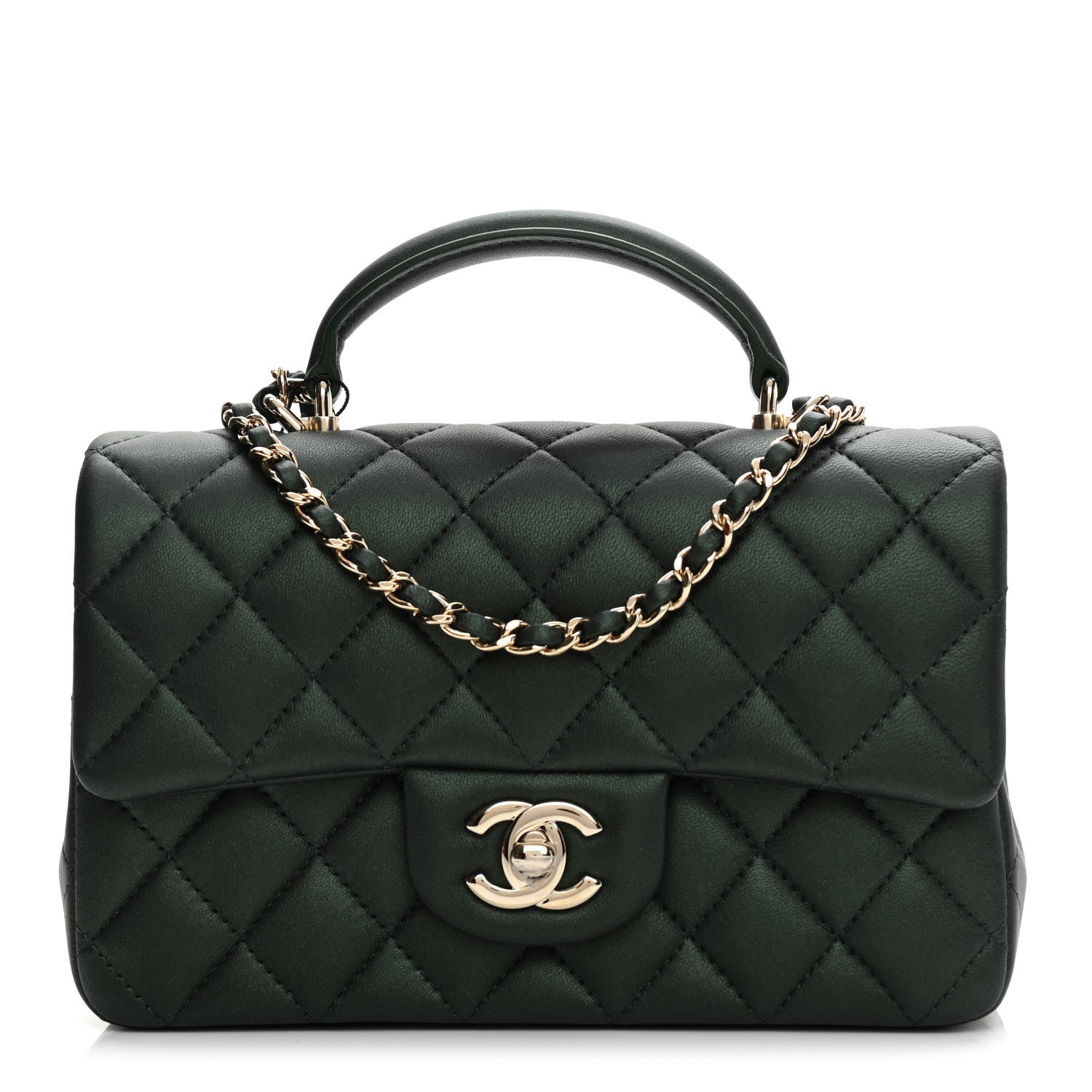 Chanel Iridescent Lambskin Quilted Mini Top Handle Rectangular Flap Dark Green 1 of 11