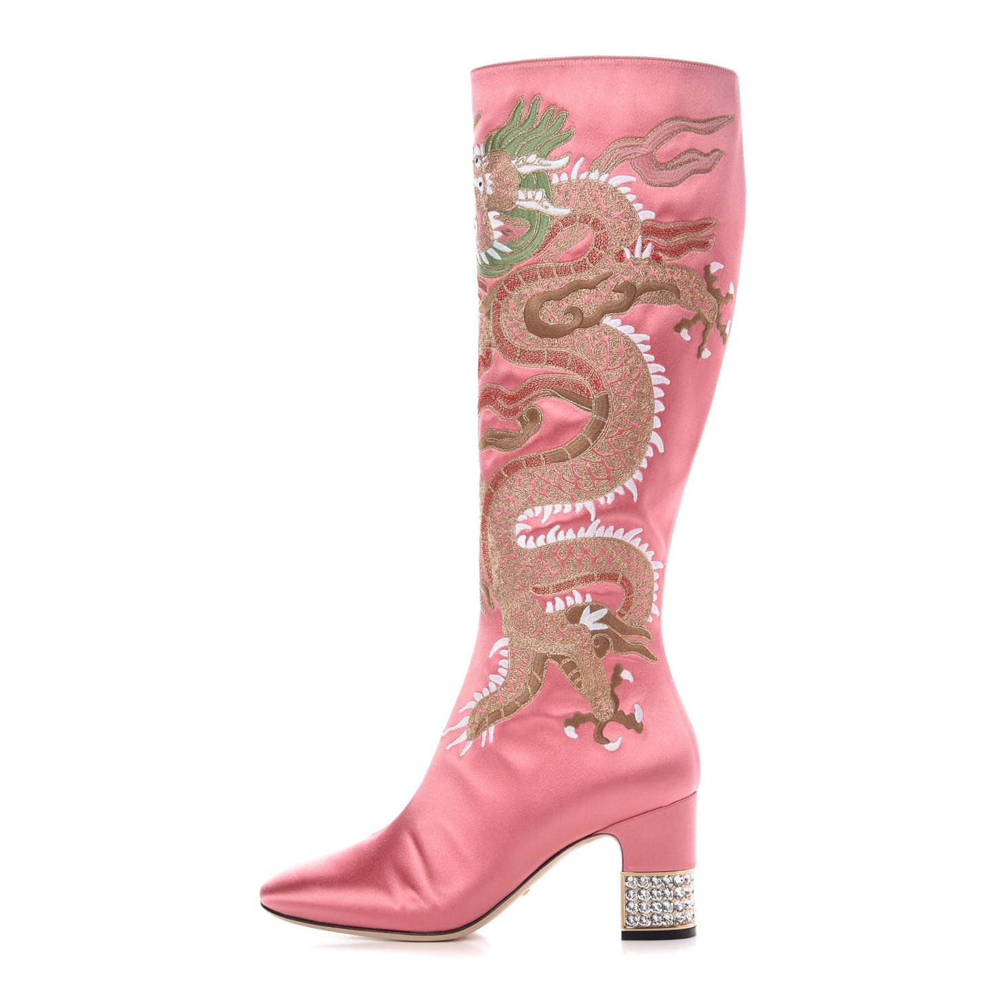 Silk Satin Malaga Kid Embroidered Candy Dragon Block-Heel Knee Boot 38 Glossy Pink