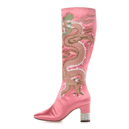 Gucci Silk Satin Malaga Kid Embroidered Candy Dragon Block-Heel Knee Boot 38 Glossy Pink 2 of 12