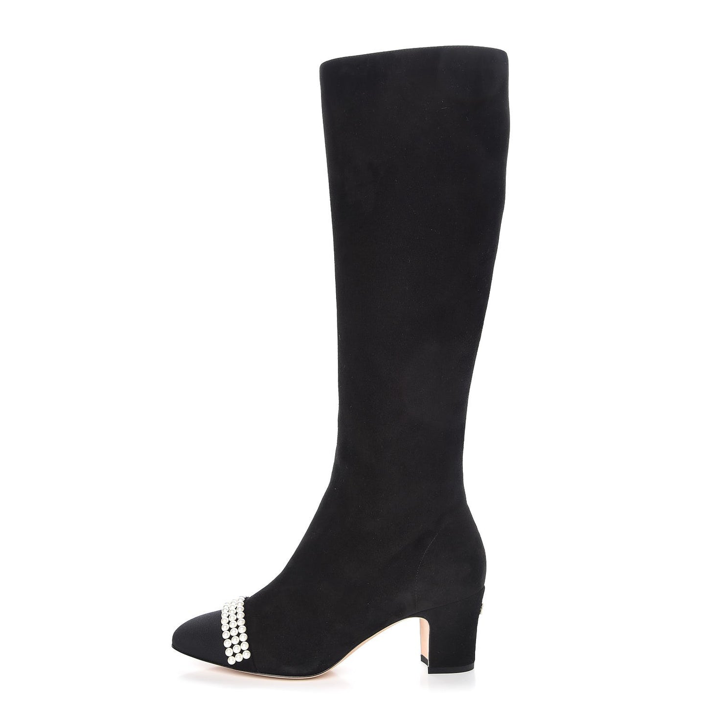 Suede Grosgrain Pearl CC Cap Toe High Boots 37 Black