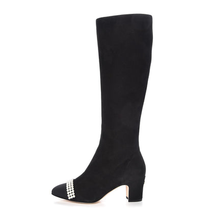 Chanel Suede Grosgrain Pearl CC Cap Toe High Boots 37 Black 1 of 9