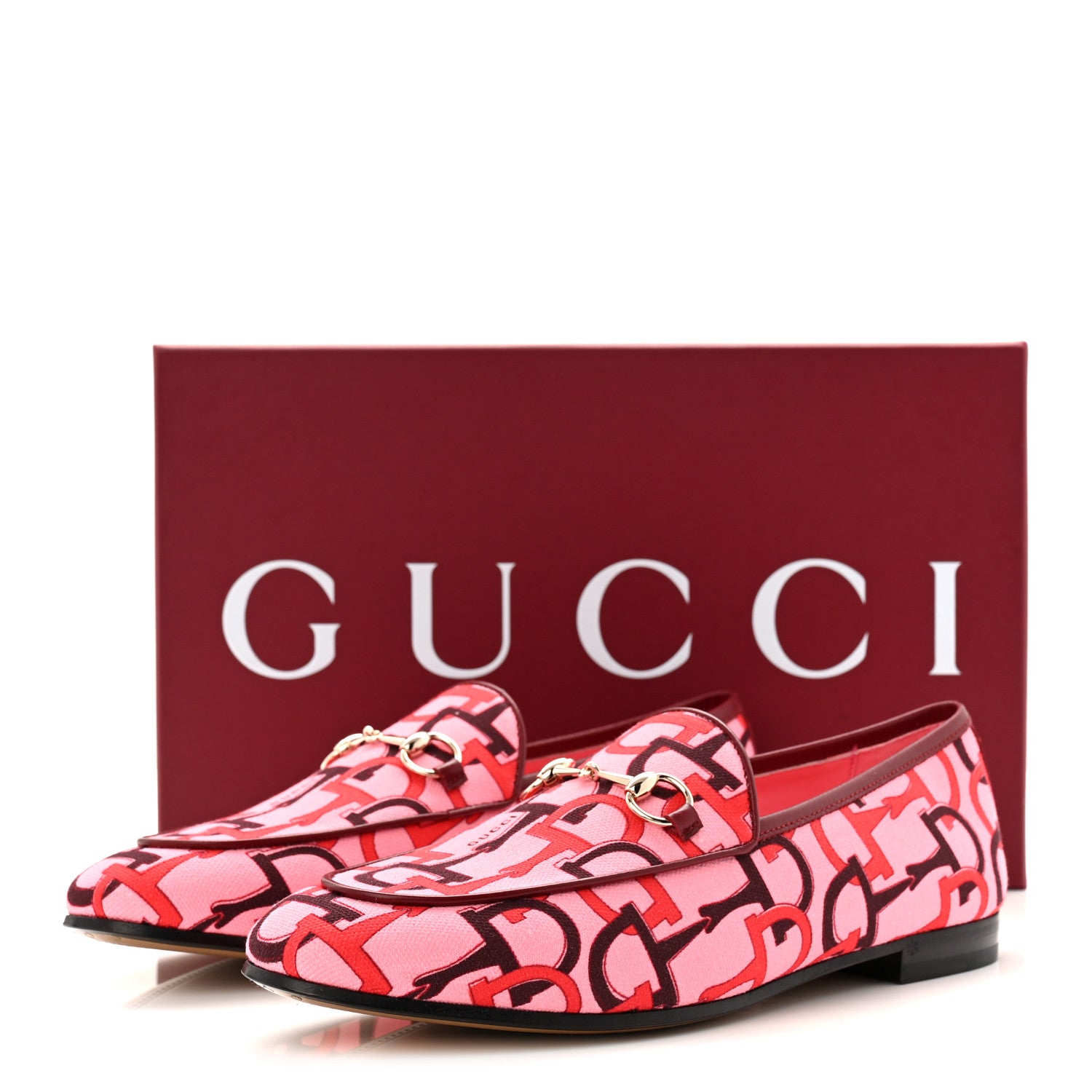 Gucci Betis Glamour Canvas Horsebit Print Womens Jordaan Loafers 39.5 Pink Rosso Ancora 10 of 10