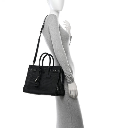 Saint Laurent Calfskin Crocodile Embossed Small Supple Sac de Jour Black 2 of 21
