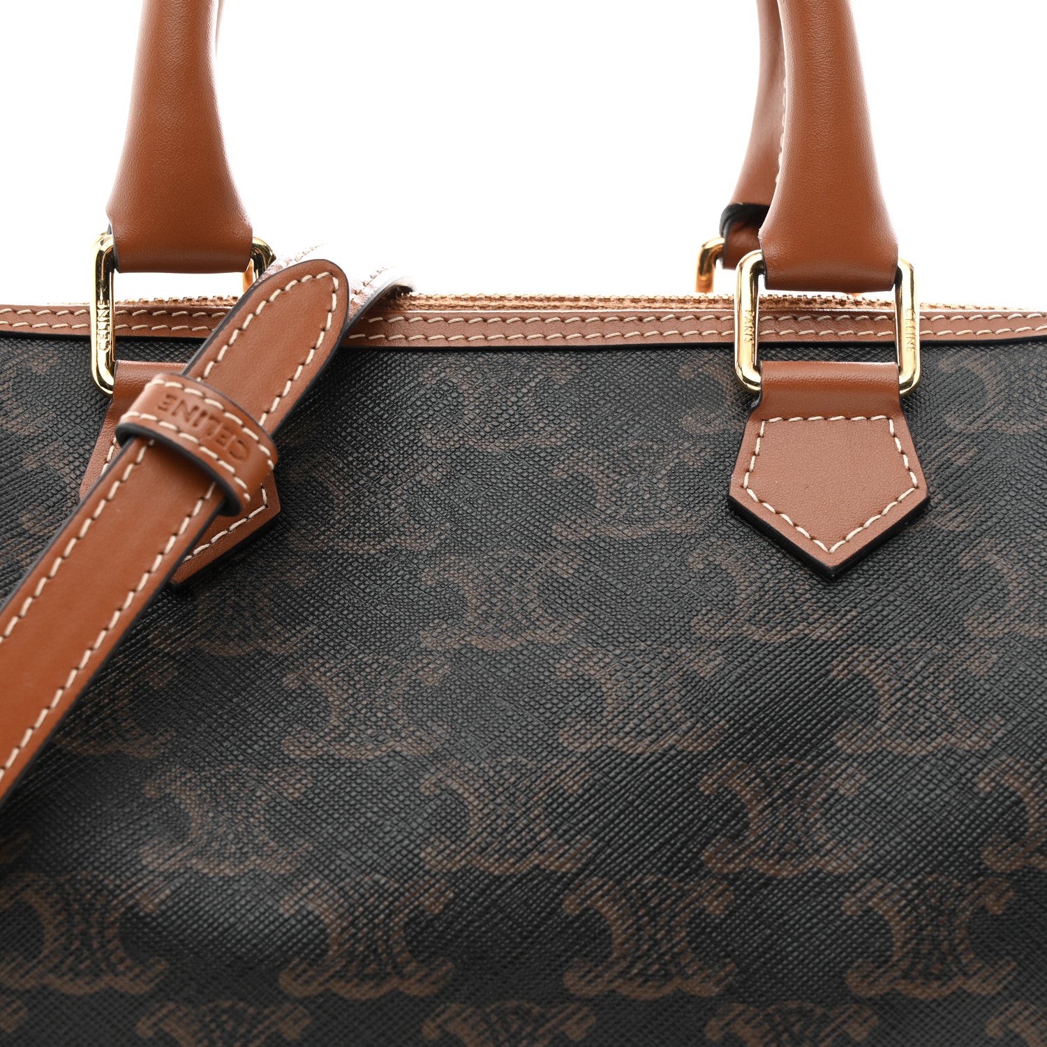 Celine Triomphe Canvas Calfskin Small Boston Bag Tan 9 of 11