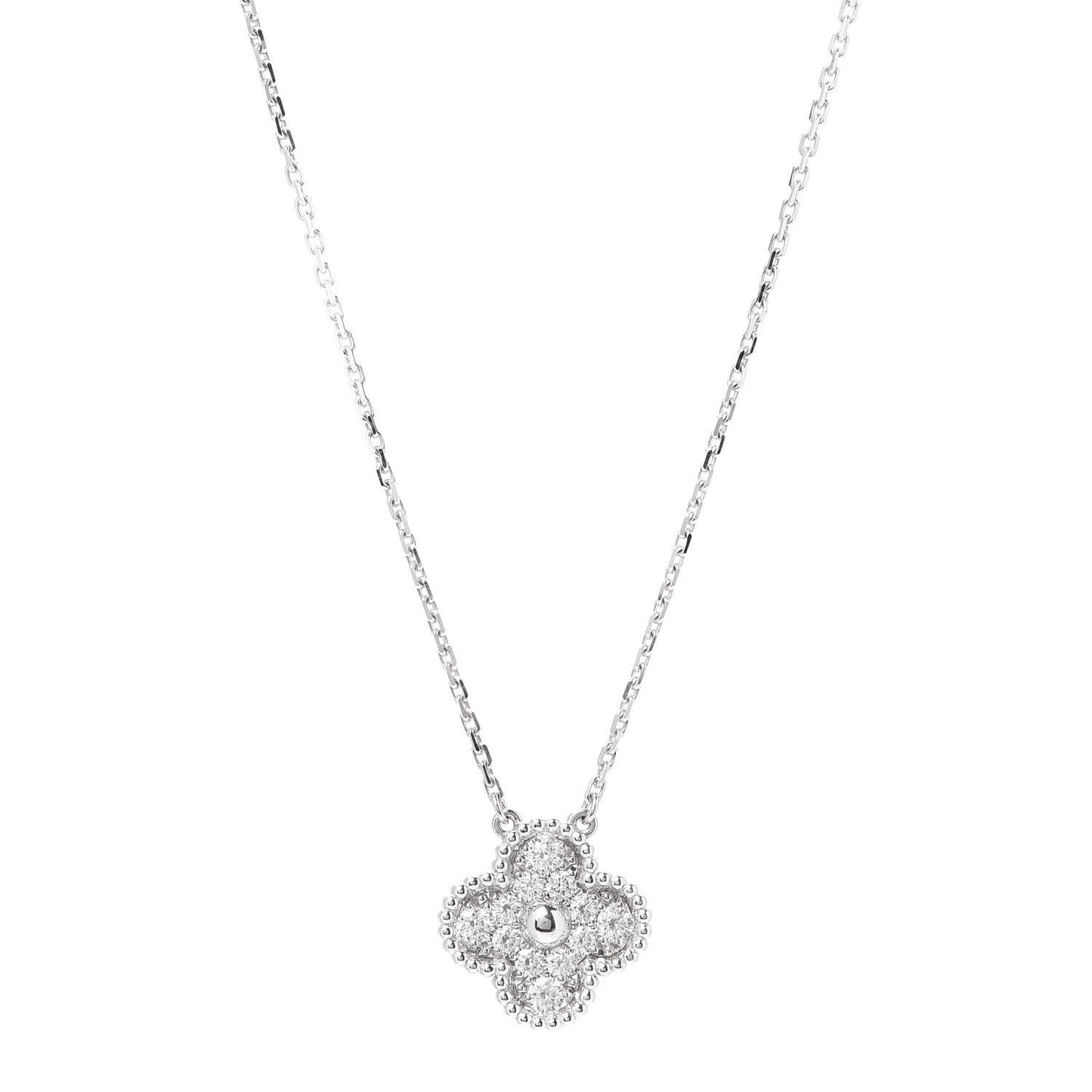 18K White Gold Diamond Vintage Alhambra Pendant Necklace