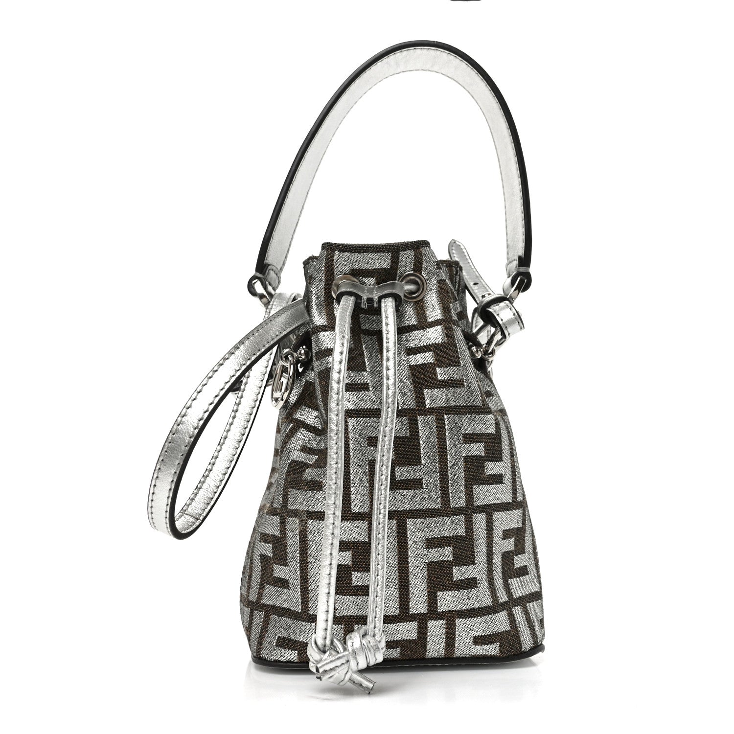 Fendi Vitello Catalan Mirror Canvas Fabric Jacquard FF 1974 Mini Mon Tresor Bucket Bag Ebano Argento 1 of 10