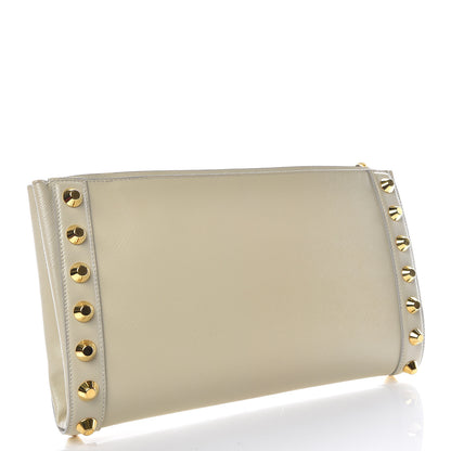 Prada Saffiano Vernice Studded Clutch Talco 3 of 10