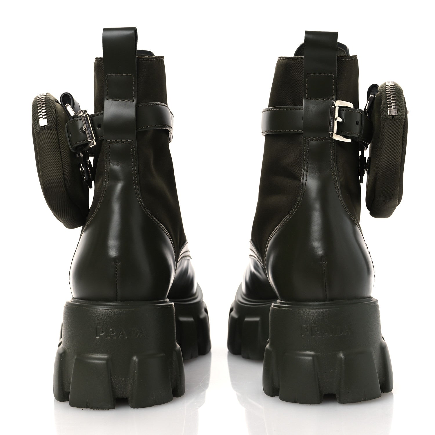Prada Spazzolato Rois Re-Nylon Metal Triangle Logo Monolith Pouch Pocket 55mm Boots 40 Militare 6 of 13