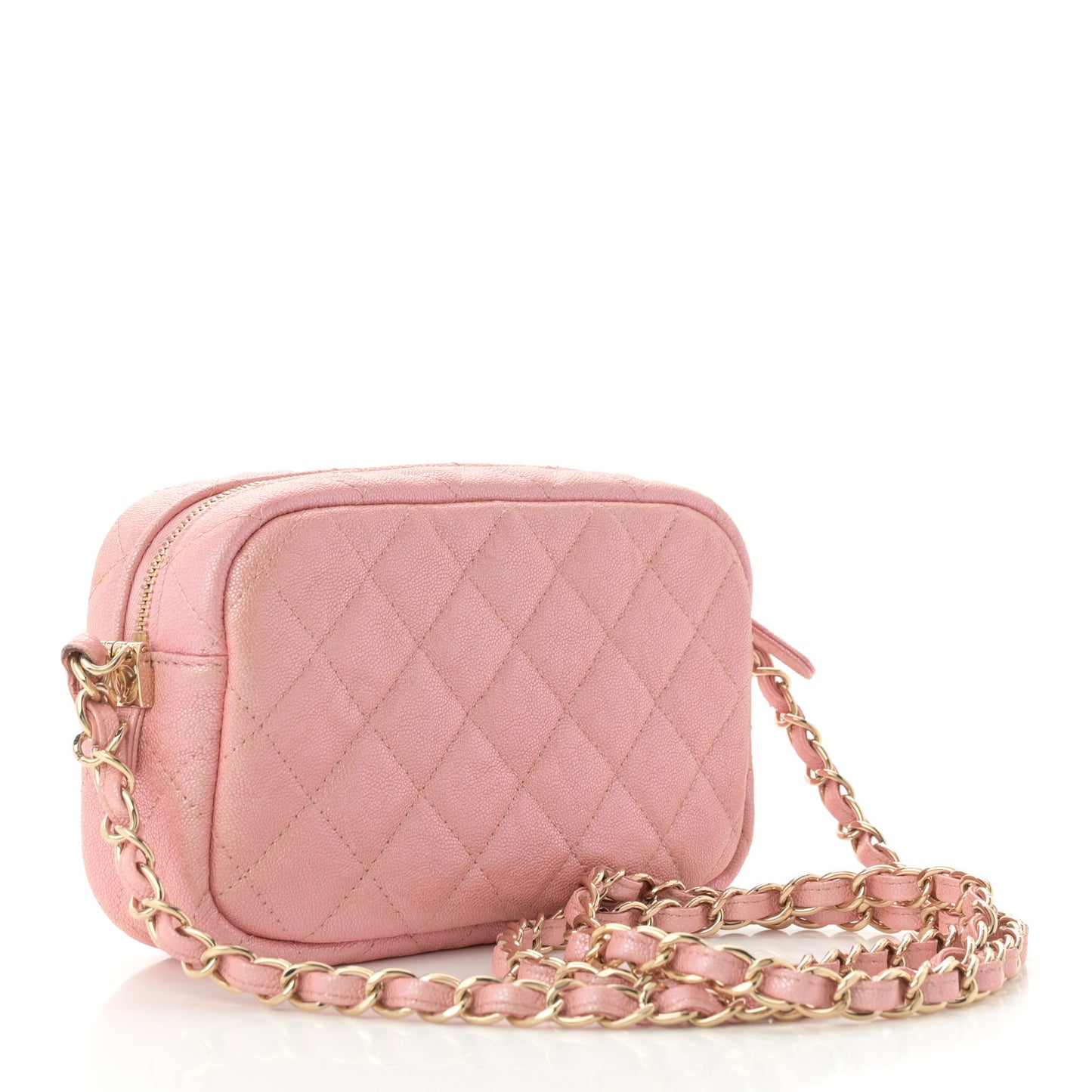 Iridescent Caviar Quilted Small Timeless Camera Case Pink