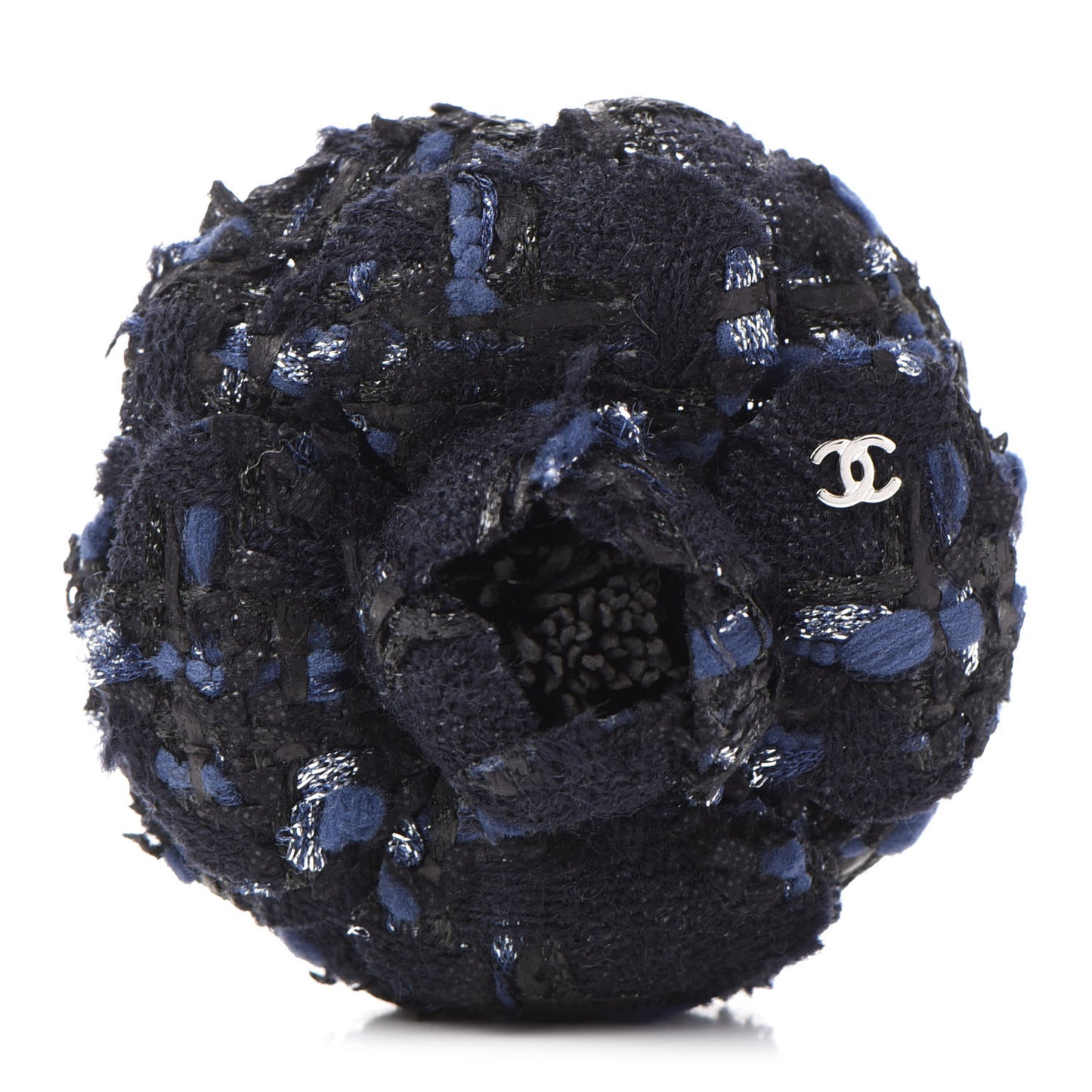 Tweed Camellia Pin Brooch Navy Blue