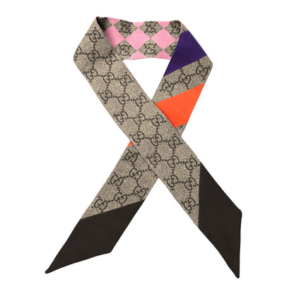 Gucci Silk Twill GG Monogram Rhombus Print Neck Bow Scarf Beige Pink 1 of 3