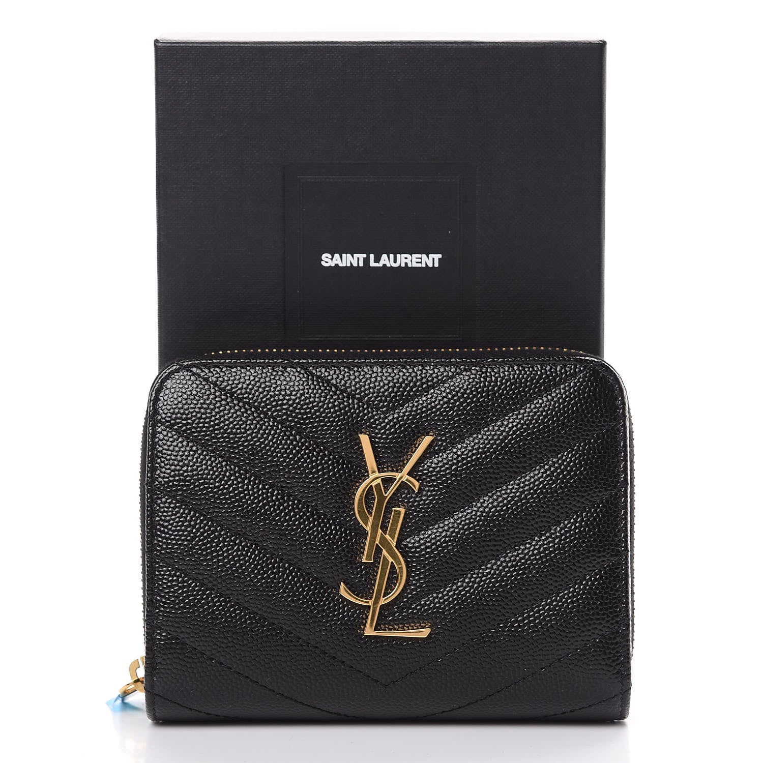 Saint Laurent Grain De Poudre Matelasse Chevron Monogram Compact Zip Around Wallet Black 8 of 8