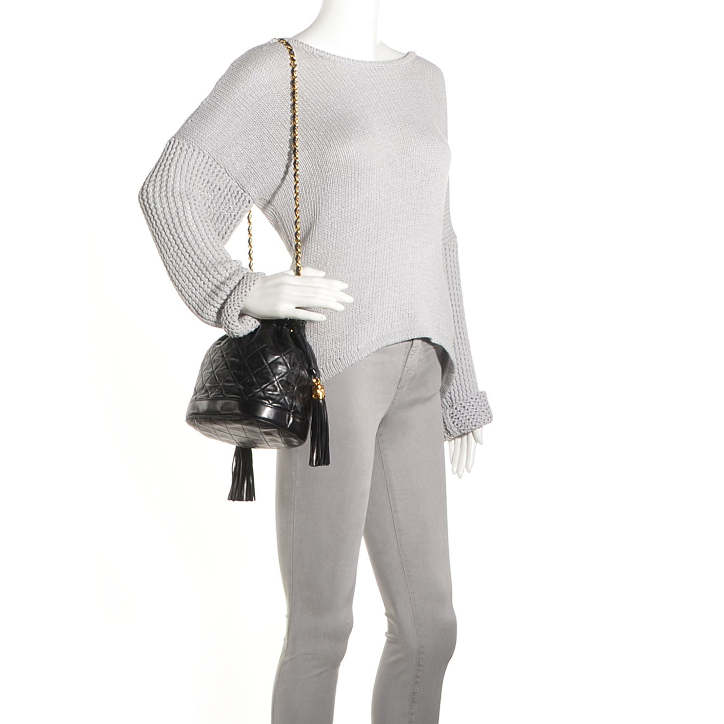 Lambskin Tassel Drawstring Pouch Bag Black