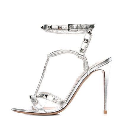 Valentino Garavani Metallic Nappa Rockstud Ankle T-Strap 105mm Sandals 36 Silver 1 of 6