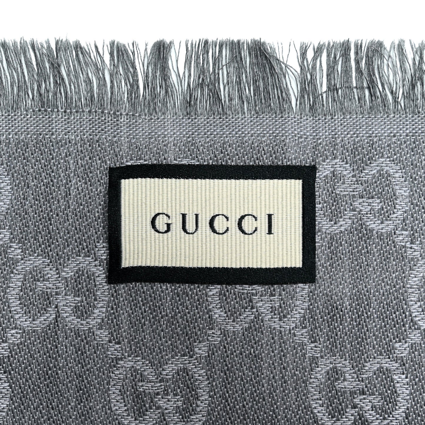 Wool Silk Monogram GGWeb Fringe Shawl Pearl Medium Grey