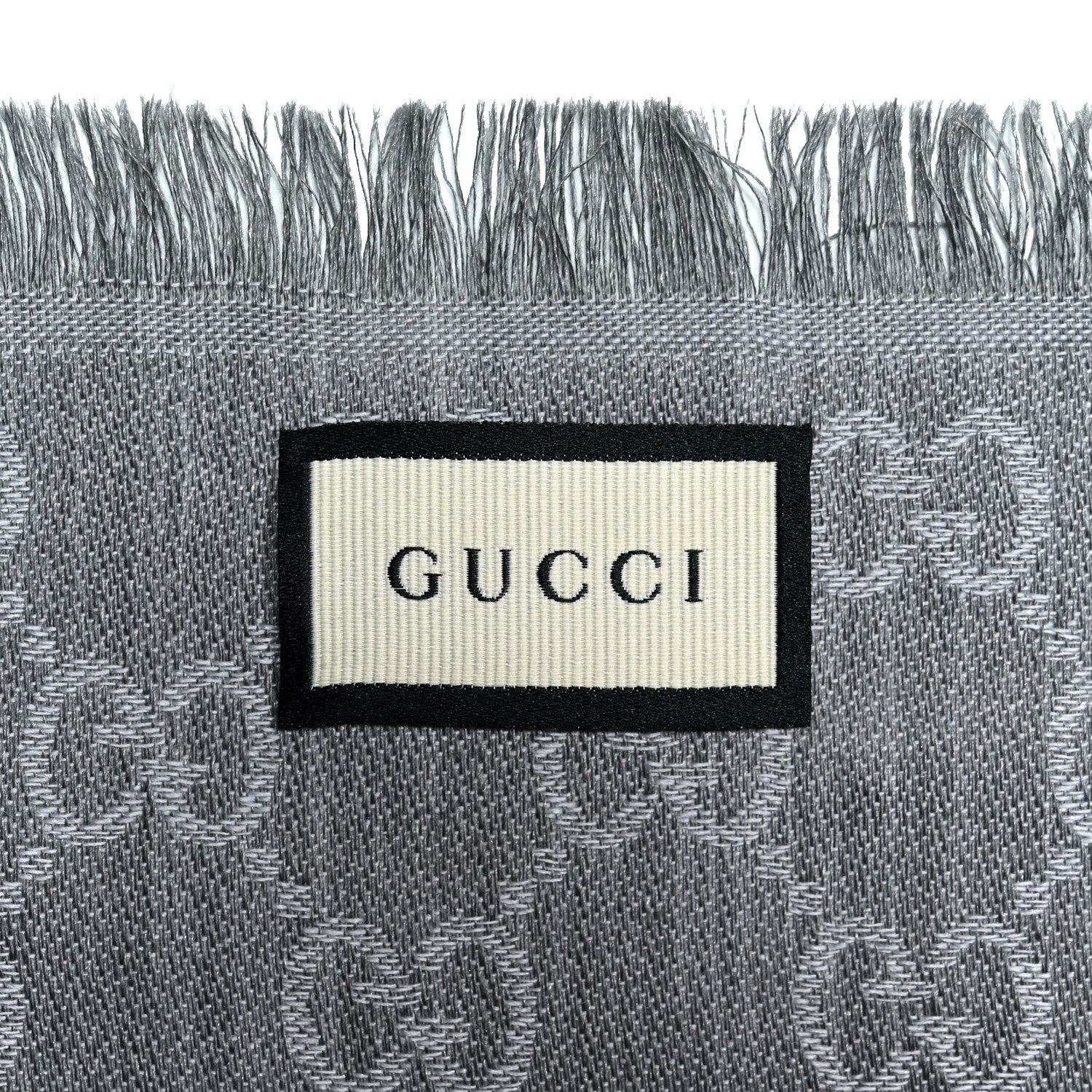Gucci Wool Silk Monogram GGWeb Fringe Shawl Pearl Medium Grey 2 of 3