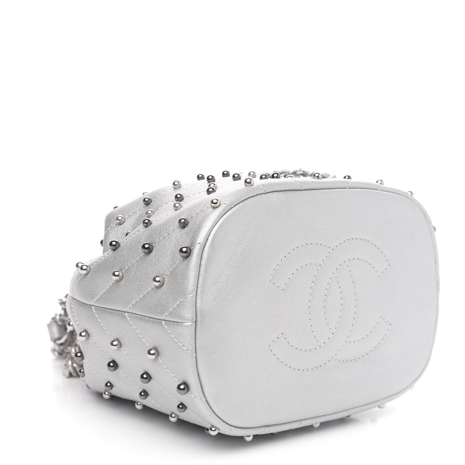 Chanel Metallic Lambskin Studded Chevron Quilted Small Stud Wars Drawstring Bag Silver 4 of 11