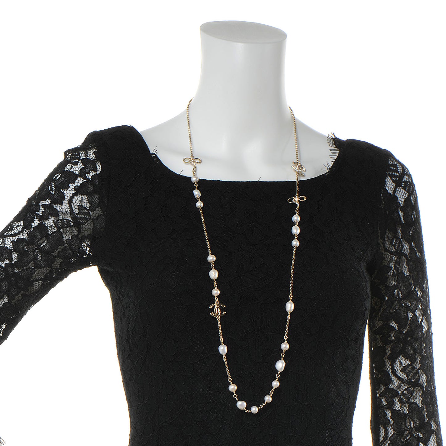 Pearl Crystal CC Ribbon Necklace Gold