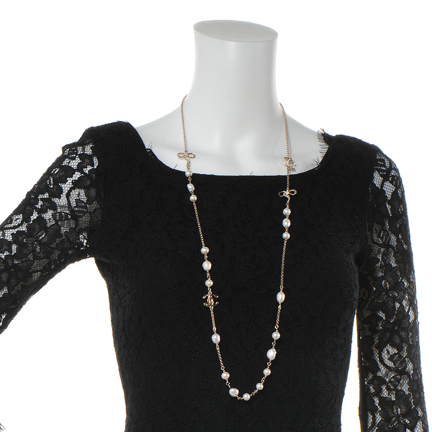 Chanel Pearl Crystal CC Ribbon Necklace Gold 2 of 5
