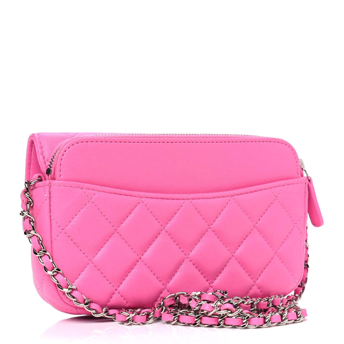 Lambskin Quilted Flap Phone Holder With Chain Neon Pink