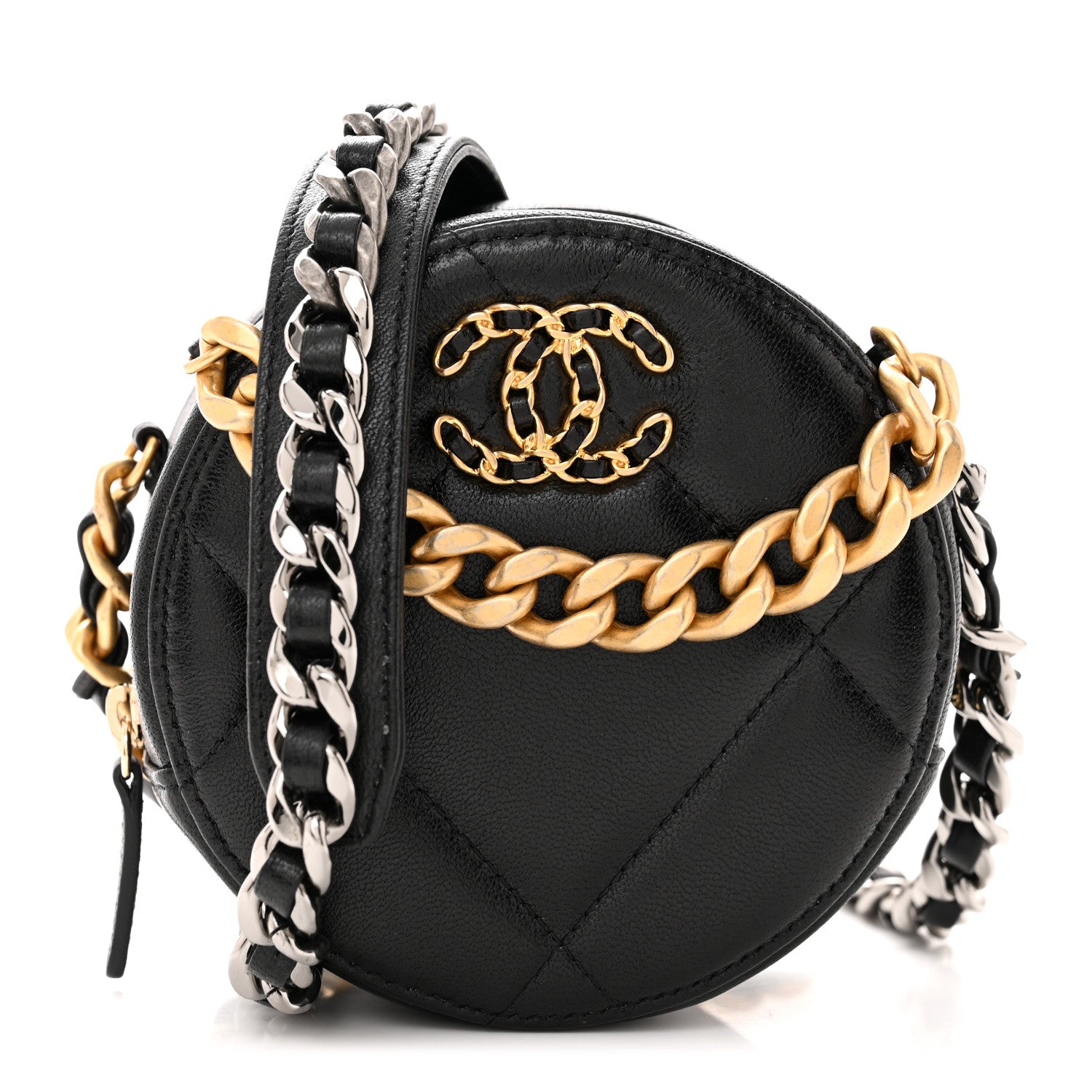 Chanel Lambskin Quilted Chanel 19 Round Clutch With Chain Black 1 of 11