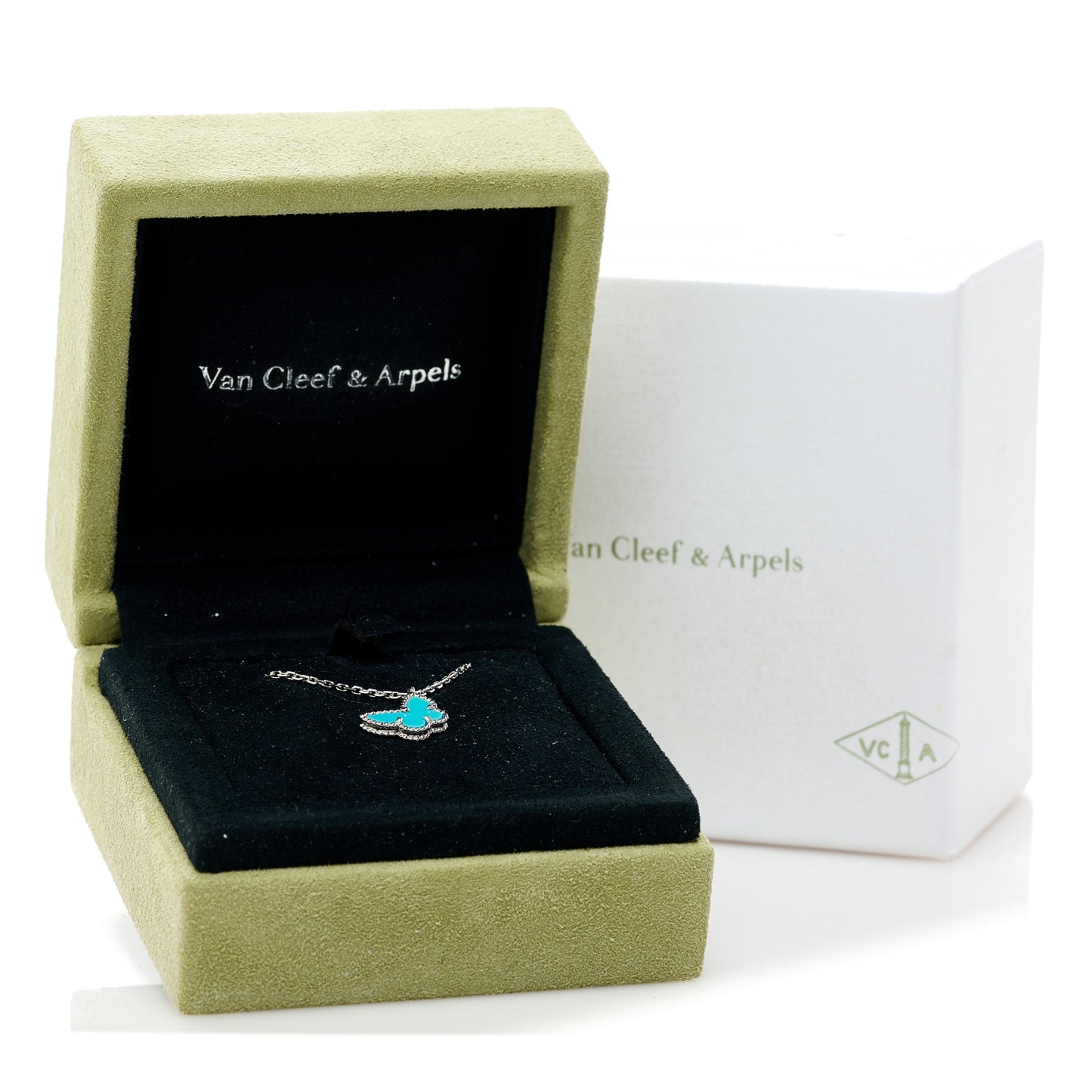 18K White Gold Turquoise Sweet Alhambra Butterfly Pendant Necklace