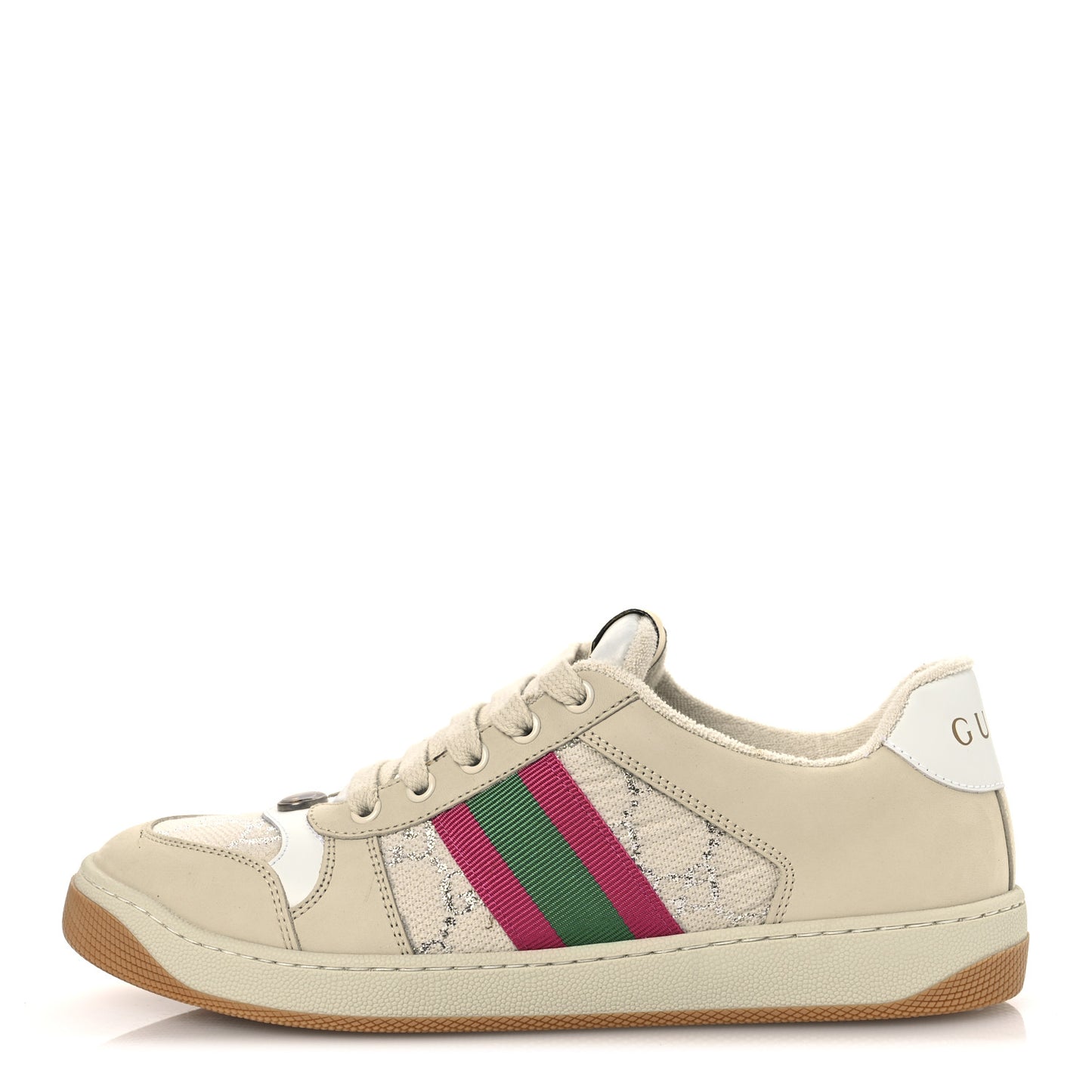 Calfskin Lame GG Monogram Web Womens Screener Sneakers 39 Gardenia Silver Dusty Milk White
