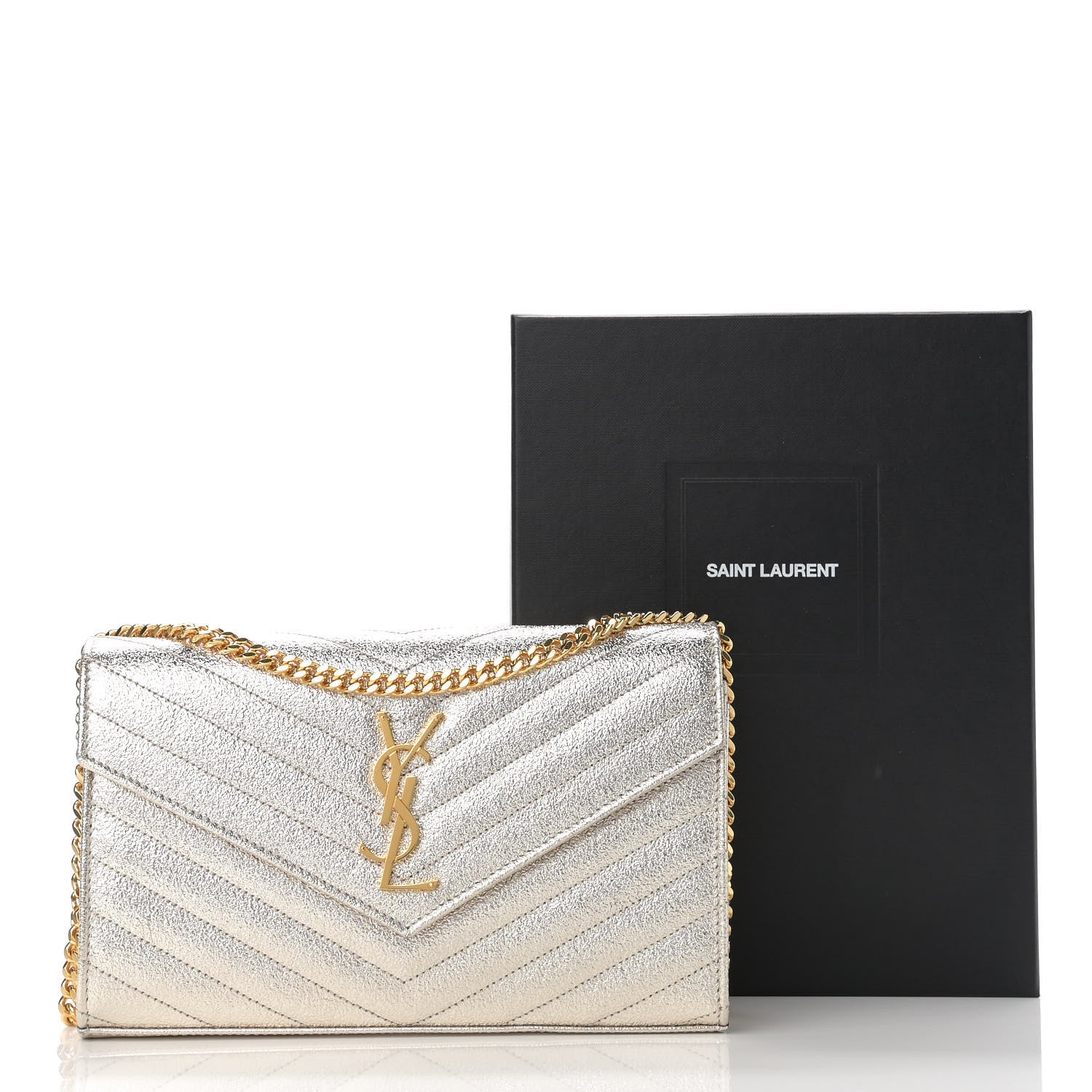 Saint Laurent Metallic Grain De Poudre Matelasse Chevron Monogram Chain Wallet Gold 15 of 15