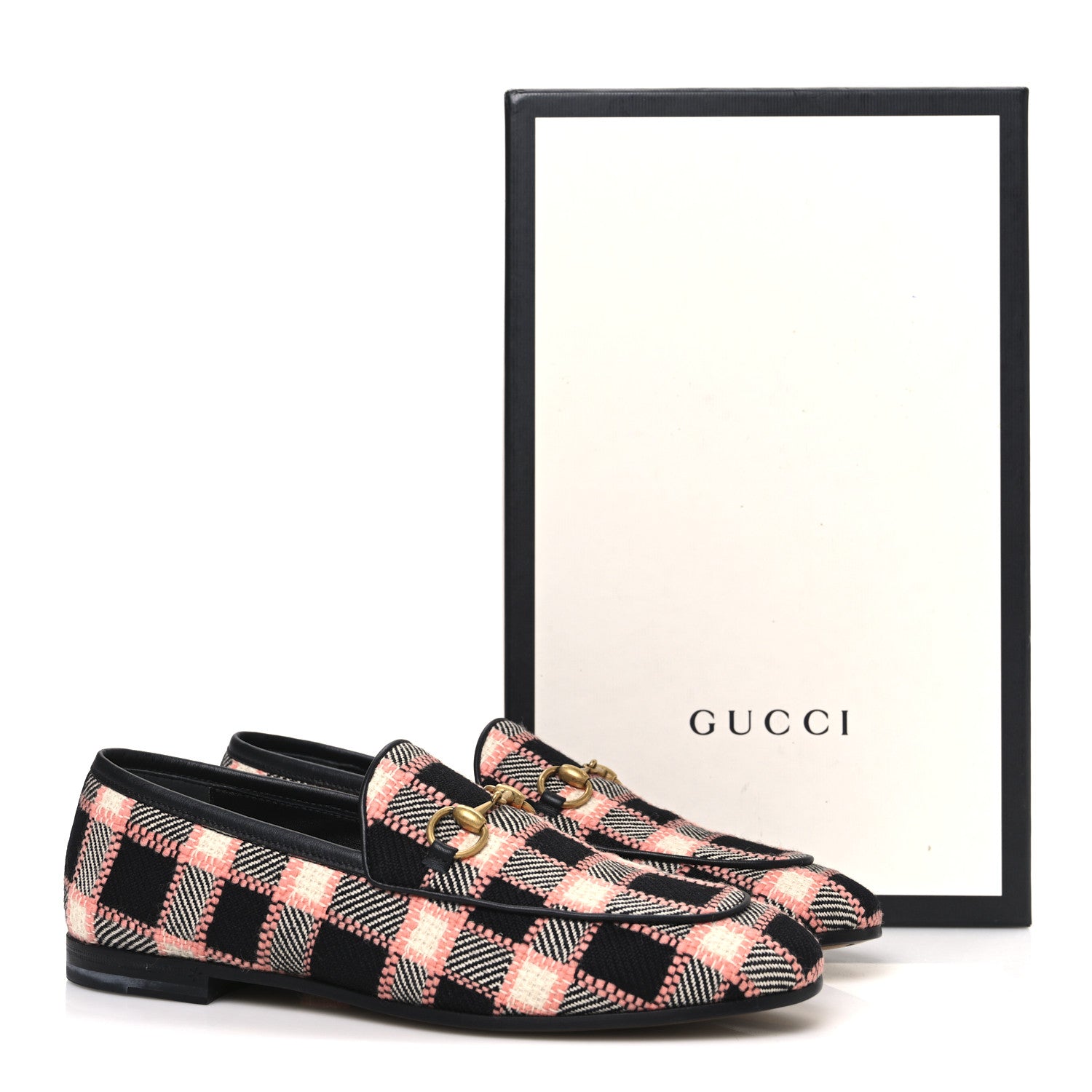Gucci Tweed Check Horsebit Womens Jordaan Loafers 37 Black Pink Multicolor 11 of 11