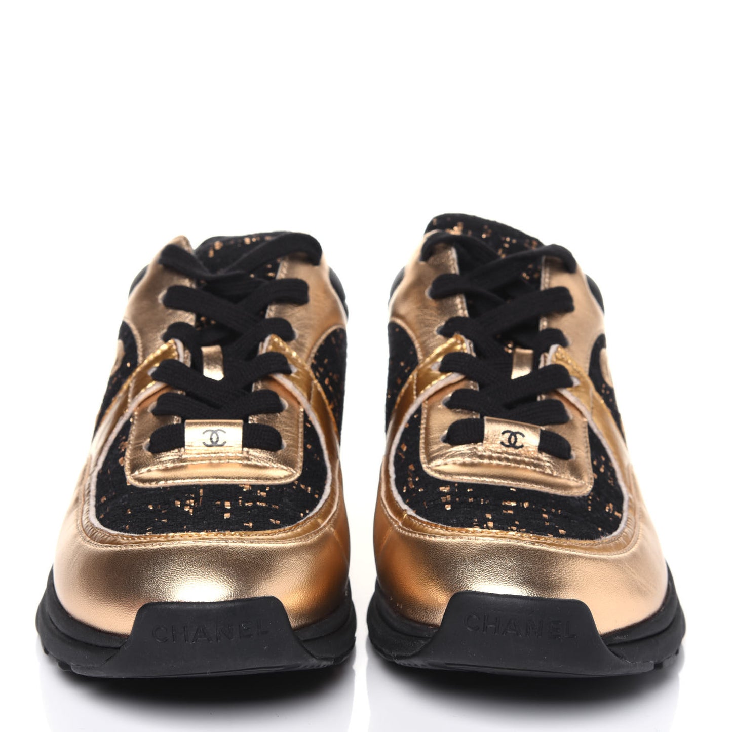 Satin Lambskin Fabric Tweed CC Sneakers 39 Gold Black