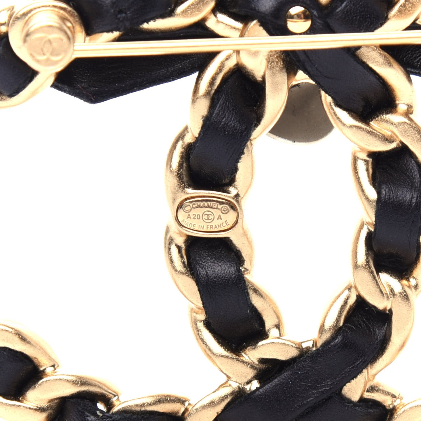 Metal Calfskin Chain 90's Camellia Brooch Black Gold