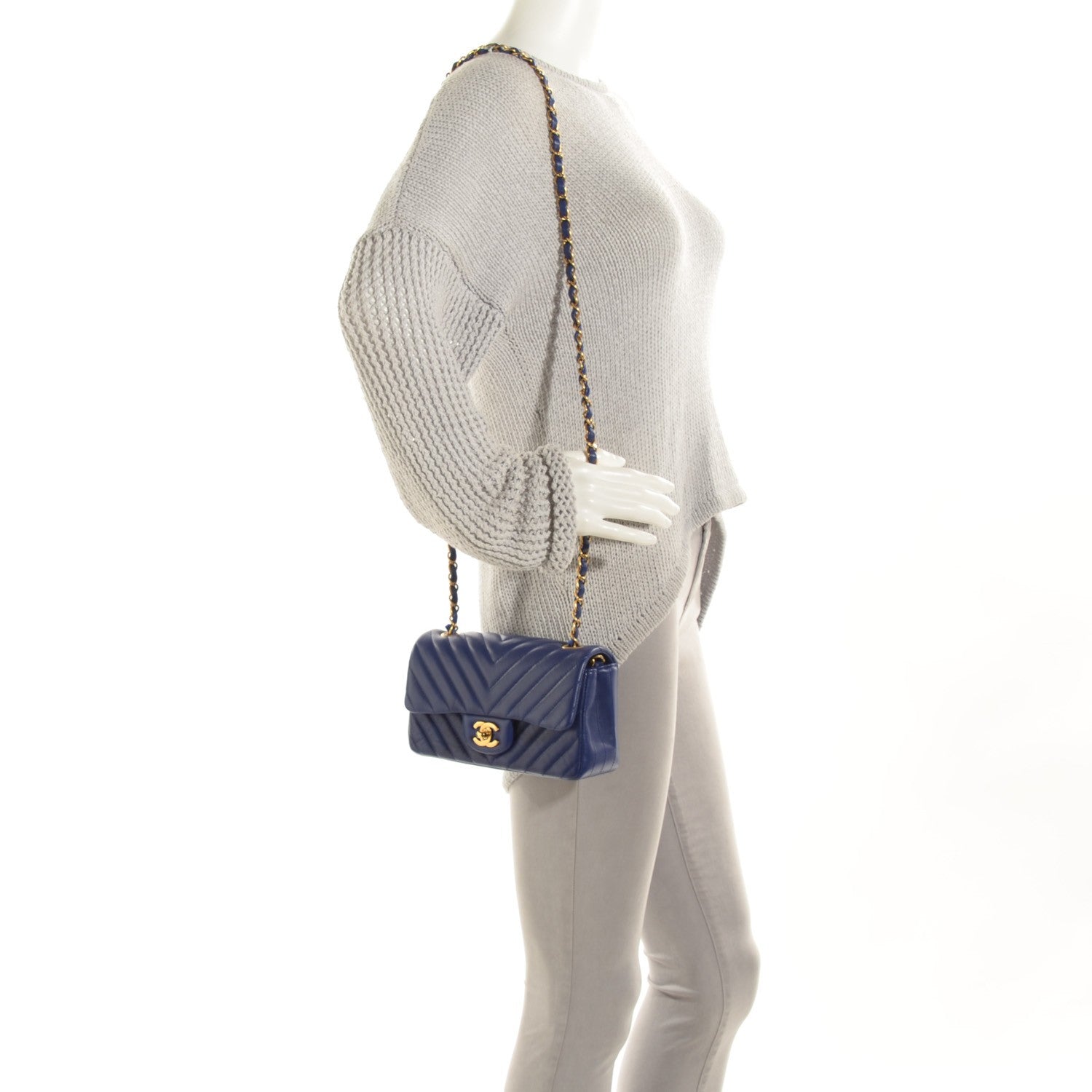 Chanel Lambskin Chevron Quilted Mini Rectangular Flap Dark Blue 2 of 8