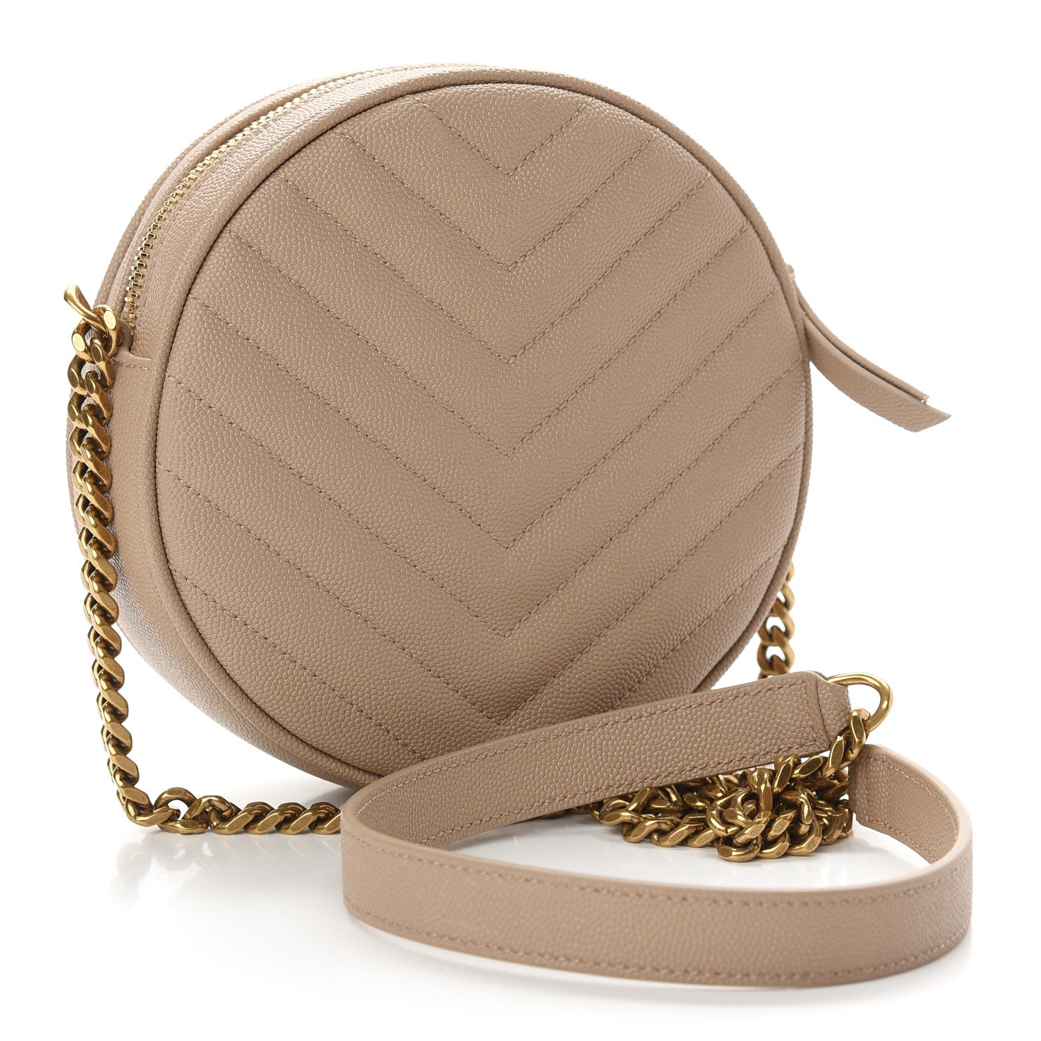 Saint Laurent Grain De Poudre Matelasse Chevron Quilted Round Vinyle Camera Bag Gold Sand 3 of 9