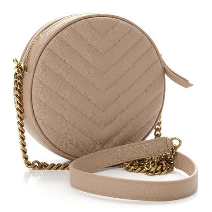 Saint Laurent Grain De Poudre Matelasse Chevron Quilted Round Vinyle Camera Bag Gold Sand 3 of 9
