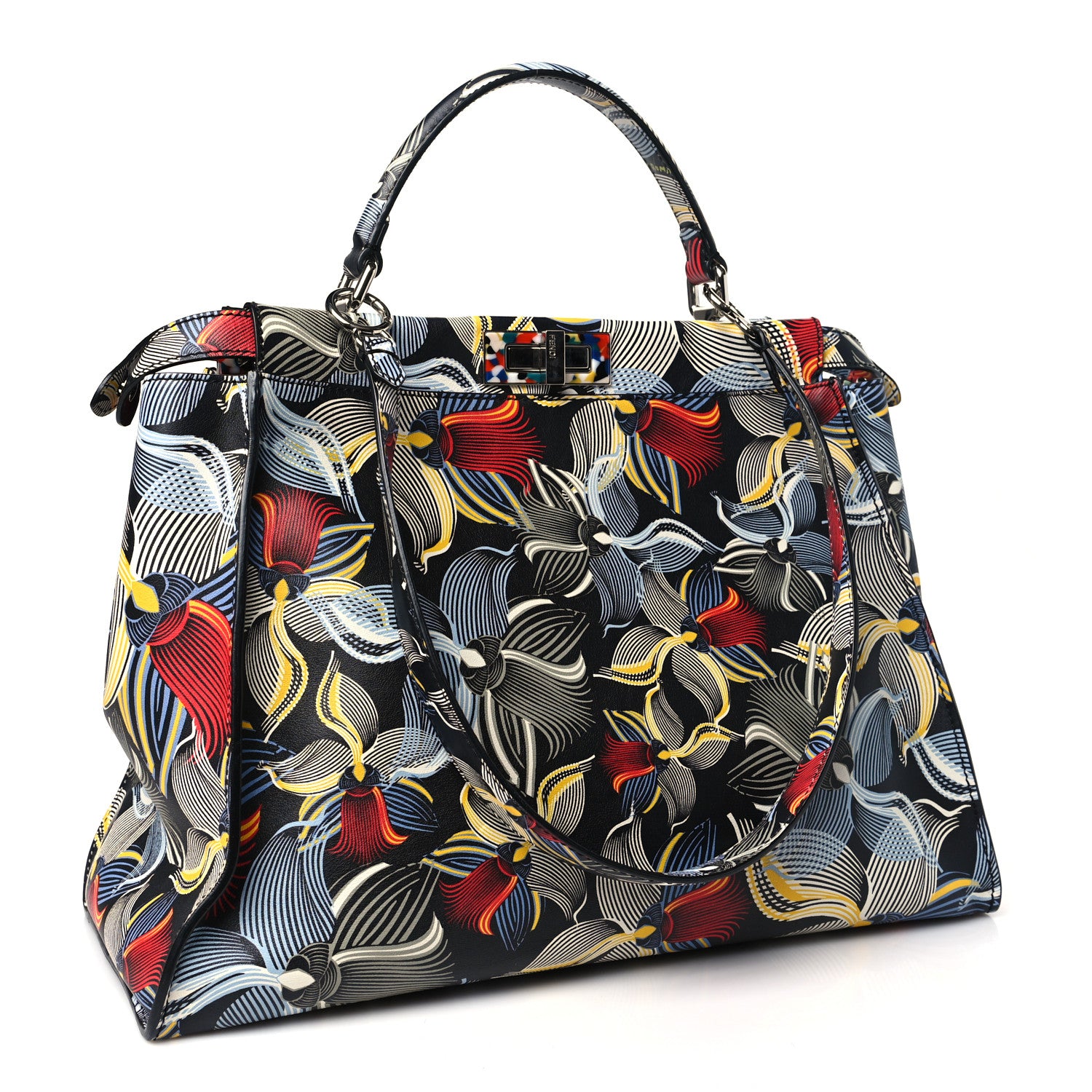 Fendi Calfskin Orchid Large Peekaboo Iconic Satchel Black Multicolor 3 of 10
