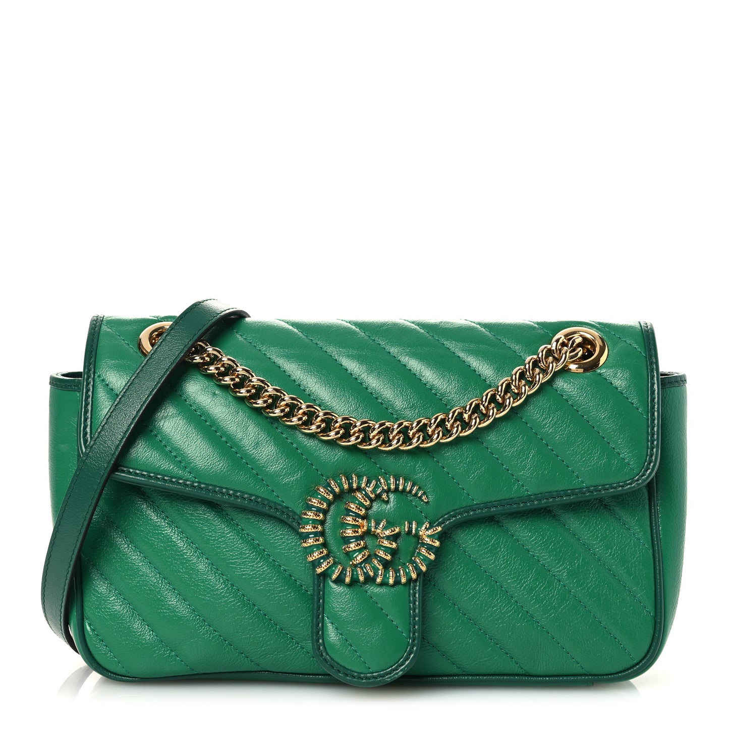 Azalea Calfskin Enamel Matelasse Diagonal Small Torchon GG Marmont Shoulder Bag New Shamarock Emerald